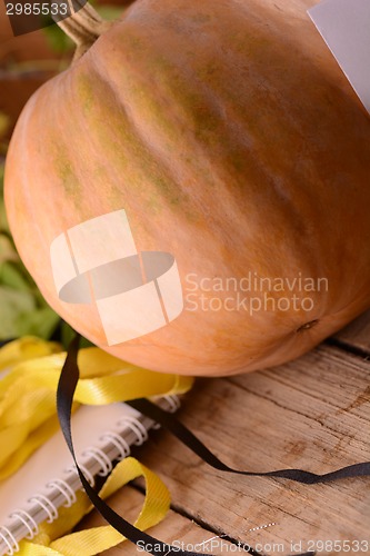 Image of autumn background with pumpkin on wooden board