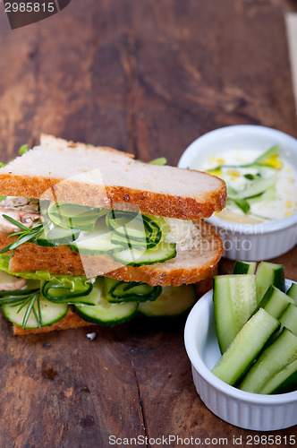 Image of fresh vegetarian sandwich with garlic cheese dip salad