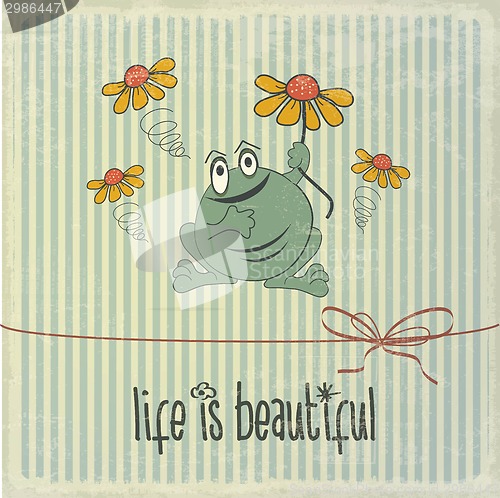 Image of Retro illustration with happy frog and phrase "Life is beautiful