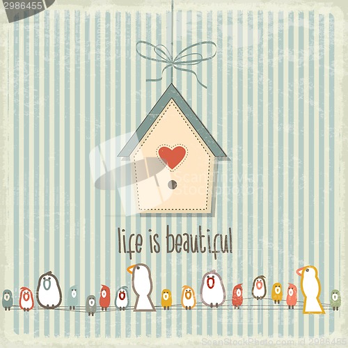 Image of Retro illustration with happy  birds  and phrase "Life is beauti