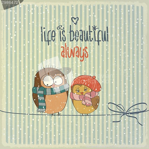 Image of Retro illustration with happy couple birds in winter and phrase 