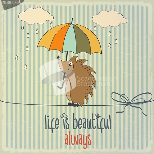 Image of Retro illustration with happy hedgehog and phrase "Life is beaut