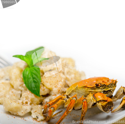 Image of Italian gnocchi with seafood sauce with crab and basil