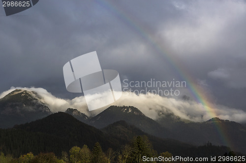 Image of Landscape of Bavarian mountains with rainbow