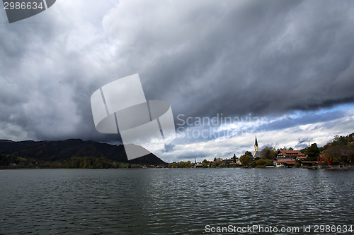 Image of Bavarian lake Schliersee with dramatic clouds