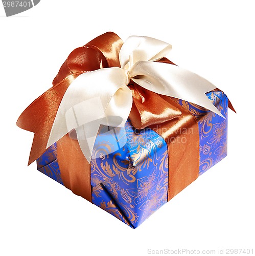 Image of blue gift packing tied by ribbon