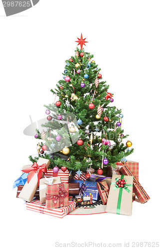 Image of Christmas tree with ornaments and gifts isolated