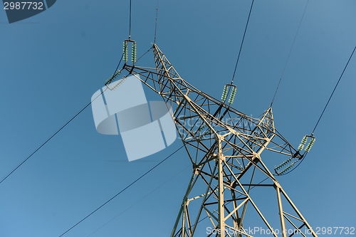 Image of Large transmission towers at sunset