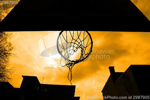 Image of Close up of basketball hoop shot from below
