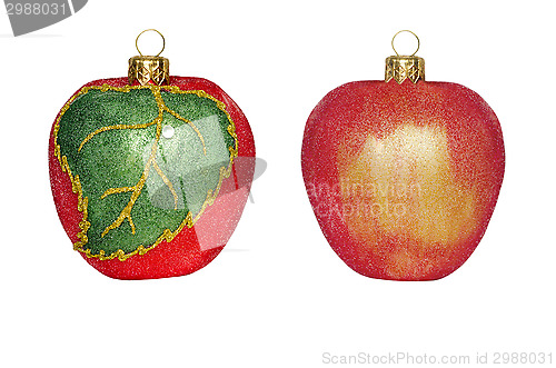 Image of 2 Christmas decorations in the form of apple on a white backgrou