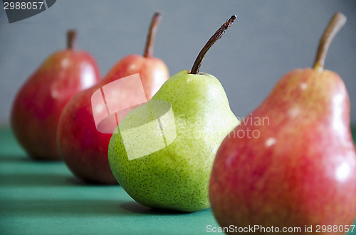 Image of Red and green apples close-up on one line