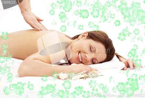 Image of happy massage with green flowers