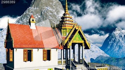 Image of Buddhist temple in mountains