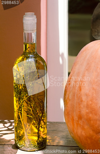 Image of Still life: a bottle of olive oil , along with herbs, and pumpki