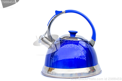 Image of Bright blue kettle on a white background.