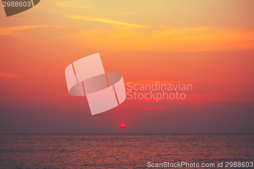 Image of Red Sunset, Sunrise Background Over Ocean, Sea 