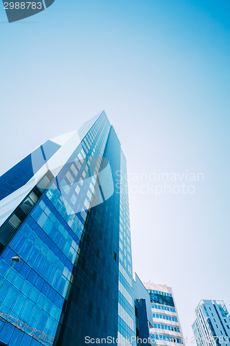 Image of Blue Skyscrapers Background. Modern Architecture In Estonian Cap