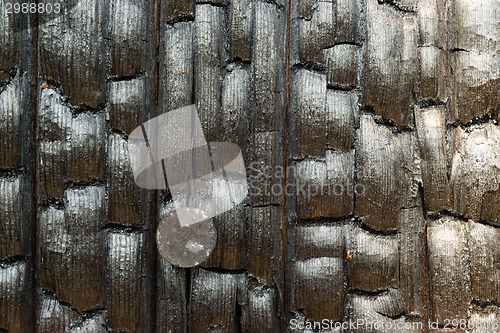 Image of Burned Wood Fencepost Rusty Nail Charred Lumber