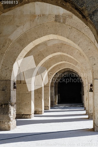 Image of arches and columns in Sultanhani caravansary on Silk Road, Turkey