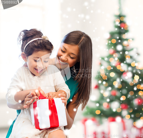 Image of happy mother and child girl with gift box