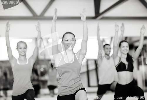 Image of group of smiling people exercising in the gym