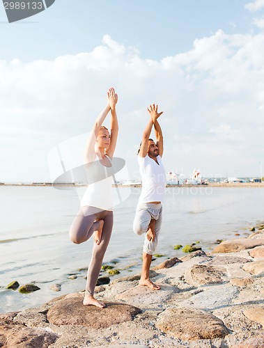 Image of couple making yoga exercises outdoors