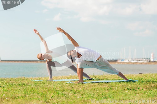 Image of smiling couple making yoga exercises outdoors