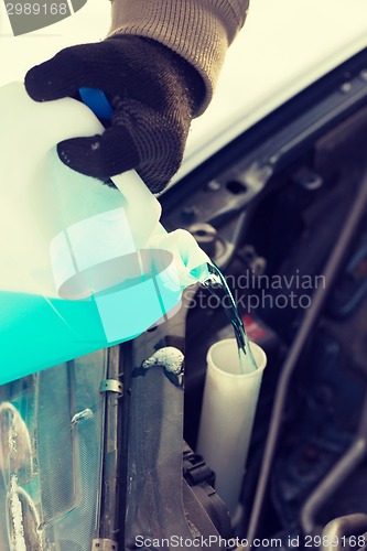 Image of closeup of man pouring antifreeze into water tank