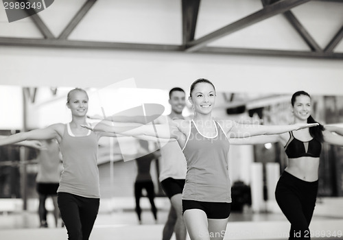 Image of group of smiling people exercising in the gym