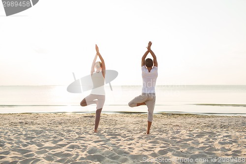 Image of couple making yoga exercises outdoors from back