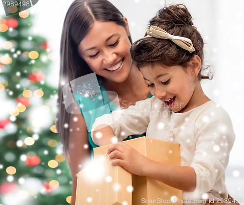 Image of happy mother and child girl with gift box