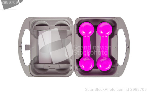 Image of Pink dumbbells in a grey case