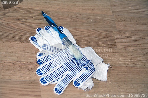 Image of a pair of gloves and a brush with paint