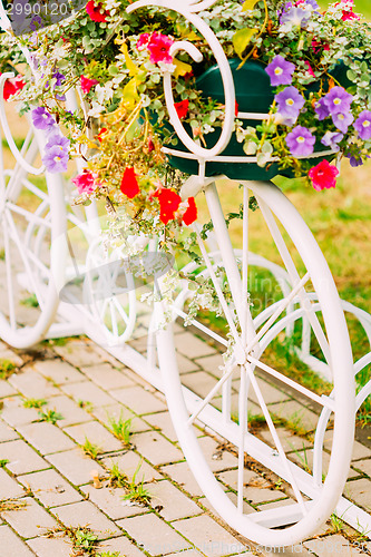 Image of White Decorative Bicycle Parking In Garden 