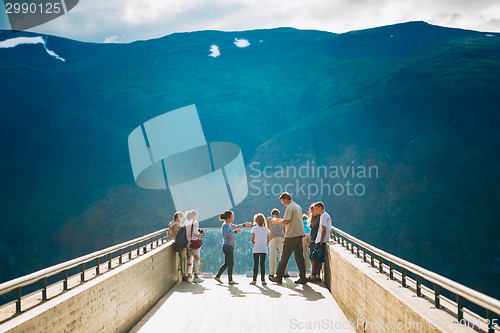 Image of Tourists On Stegastein Viewpoint (Aurland, Sogn Og Fjordane, Nor
