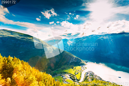 Image of Small Town And Cruise Port Aurlandsvangen In Norwegian Fjords. V