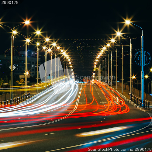 Image of Speed Traffic - Light Trails On City Road At Night