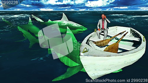 Image of businessman surrounded by sharks