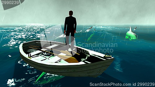 Image of businessman surrounded by sharks 