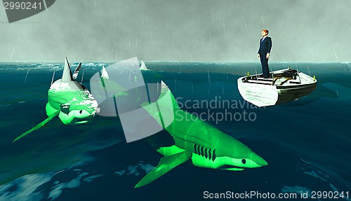 Image of businessman surrounded by sharks 