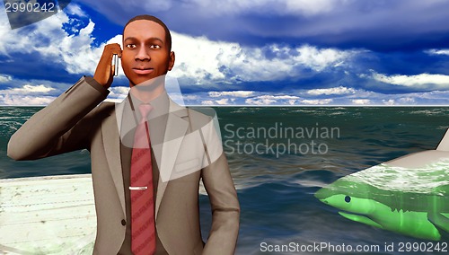Image of African businessman surrounded by sharks