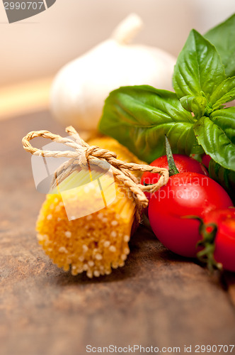 Image of Italian spaghetti pasta tomato and basil