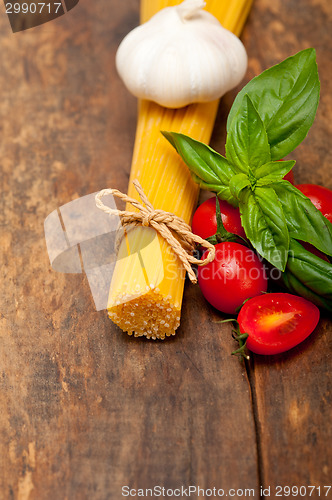 Image of Italian spaghetti pasta tomato and basil