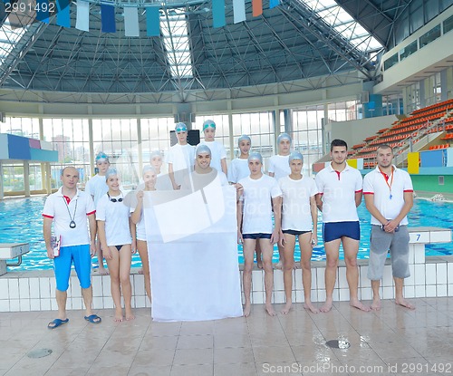 Image of children group  at swimming pool with empty white flag