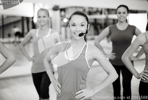 Image of group of smiling people exercising in the gym