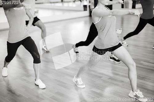 Image of group of smiling people exercising in the gym