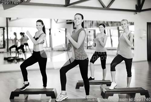Image of group of smiling people doing aerobics
