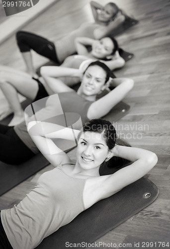 Image of group of smiling women exercising in the gym