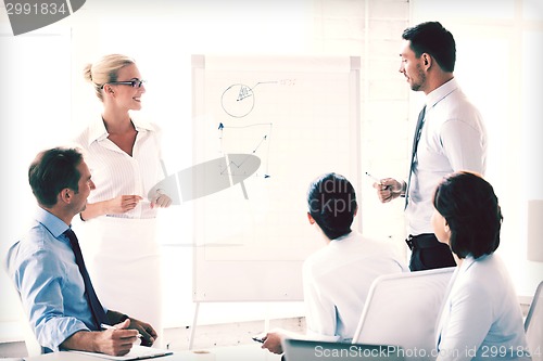 Image of business team working with flip chart in office