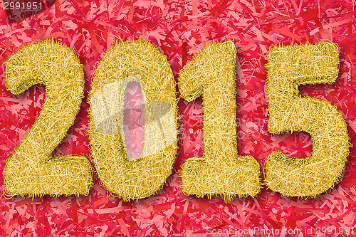 Image of 2015 digits composed of golden stripes on red background